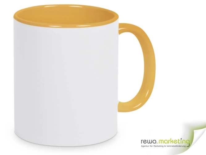 Color- Keramik- Kaffeebecher sonnengelb / weiß inkl. personalisiertem Aufdruck