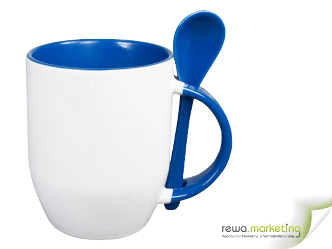 Keramiktasse - Color- Tasse mit Löffel, Innenbereich, Griff und auch der Löffel in Blau, ​inkl. individuellem Wunschaufdruck